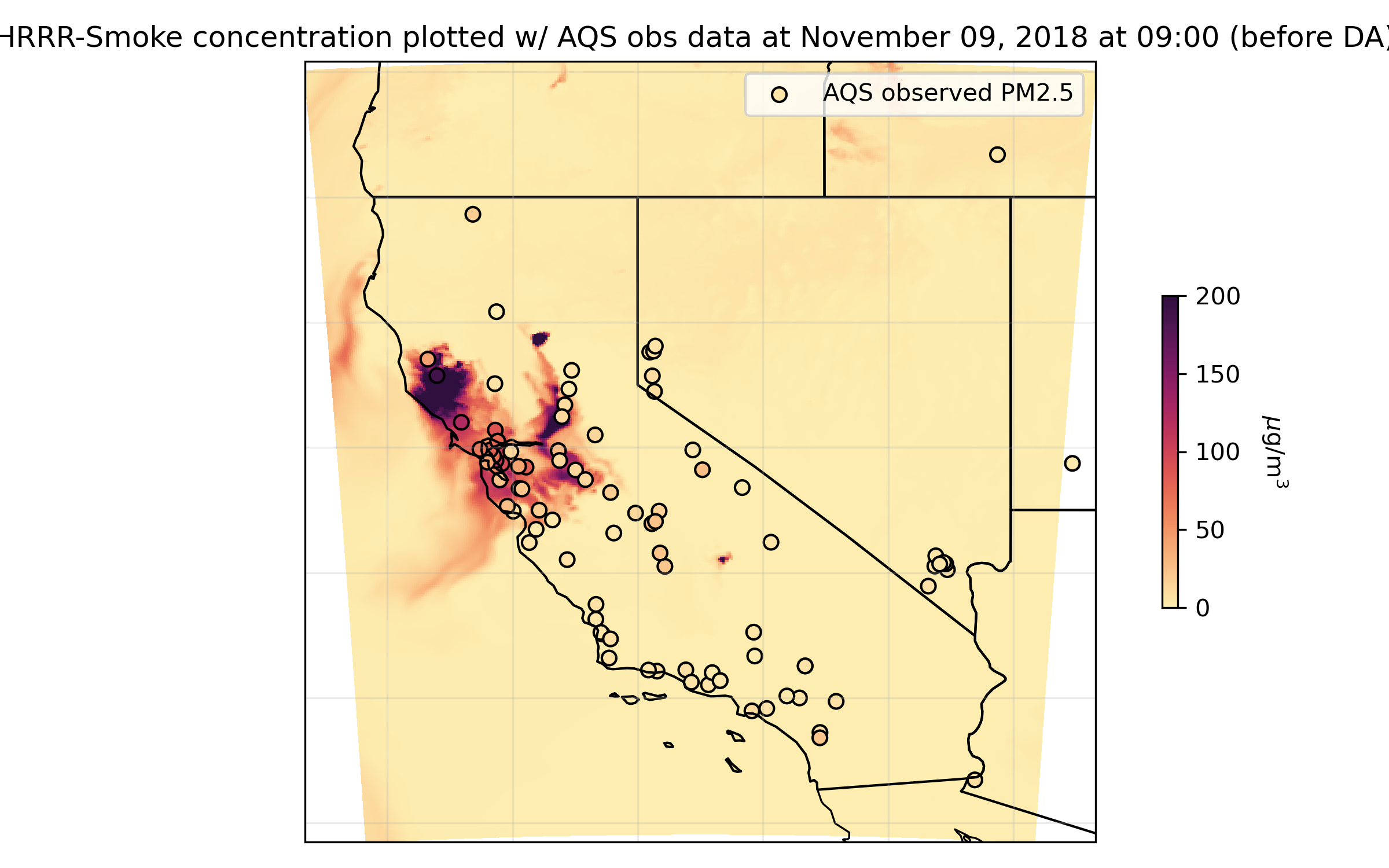 HRRR-Smoke model field plotted alongside EPA AirNow sensor data.